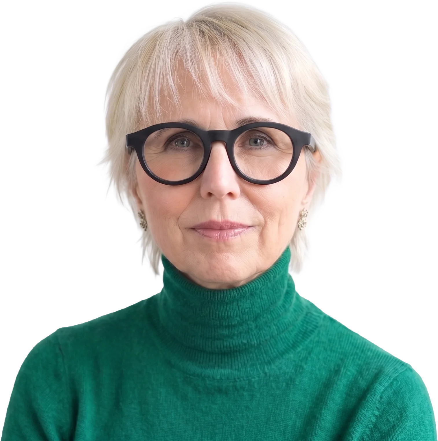 Geneen Roth in round black glasses and a green turtleneck